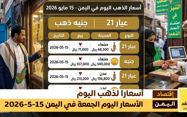 أسعار الذهب اليوم في اليمن الجمعة 15 مايو 2026.. ارتفاع جديد في صنعاء وعدن